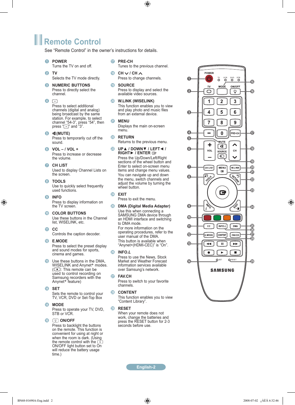 Remote control | Samsung LN46A950D1FXZA User Manual | Page 2 / 12