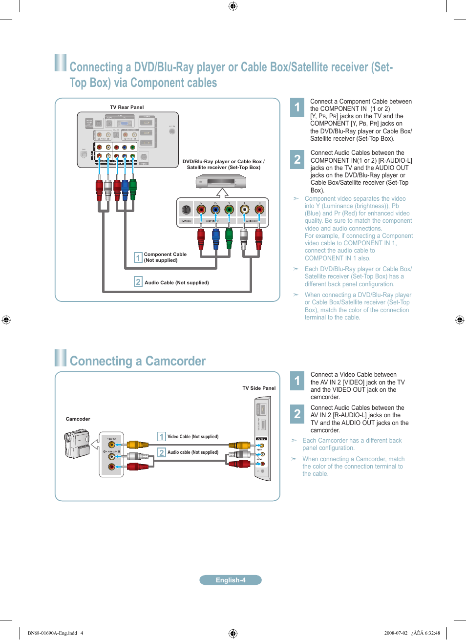 Connecting a camcorder | Samsung LN46A950D1FXZA User Manual | Page 4 / 12