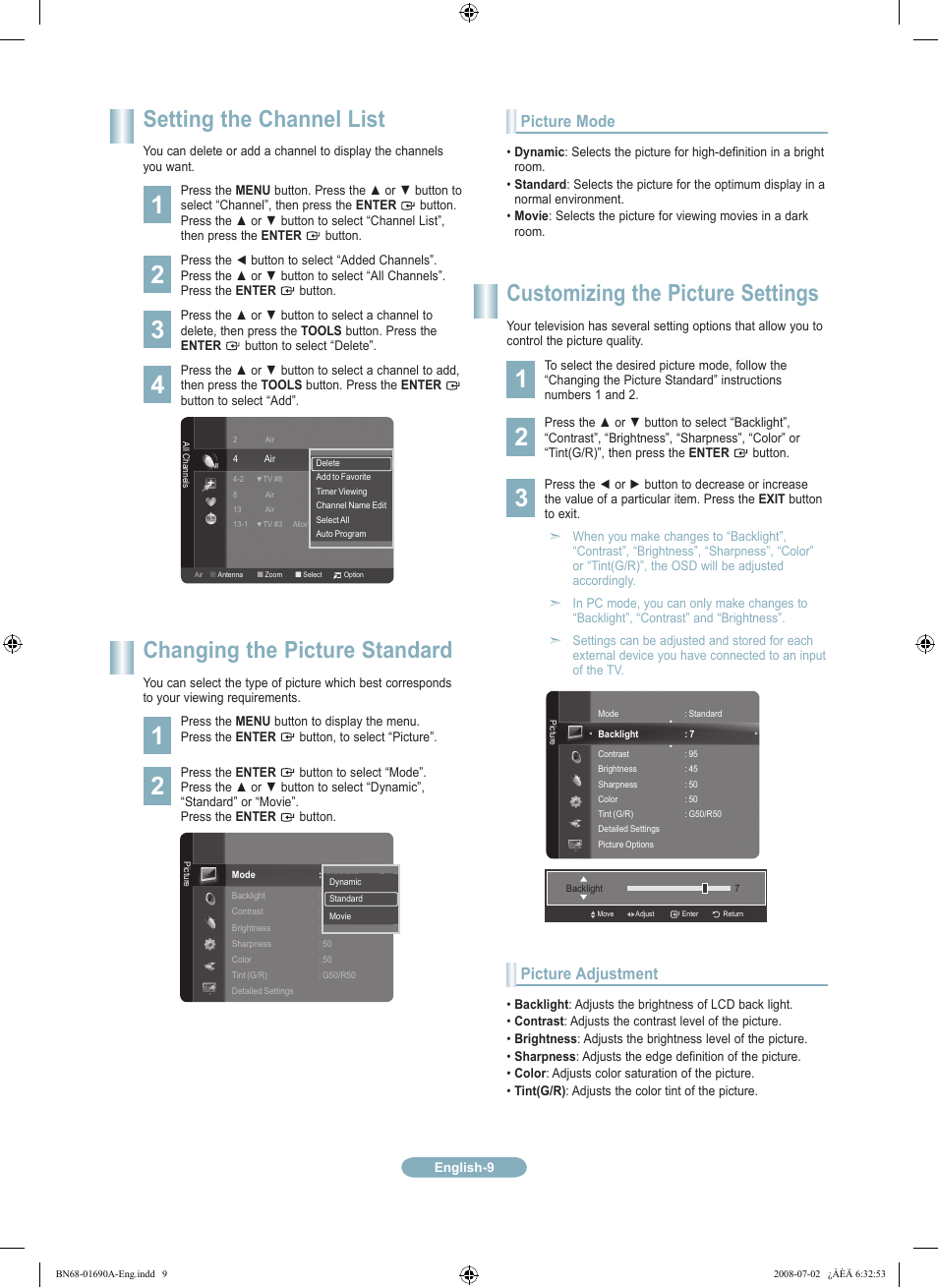 Setting the channel list, Changing the picture standard, Customizing the picture settings | Picture mode, Picture adjustment | Samsung LN46A950D1FXZA User Manual | Page 9 / 12