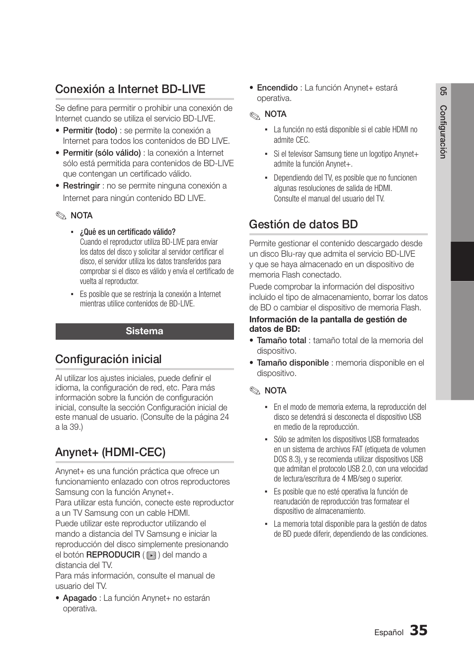 Conexión a internet bd-live, Configuración inicial, Anynet+ (hdmi-cec) | Gestión de datos bd | Samsung BD-D5300-ZA User Manual | Page 103 / 142