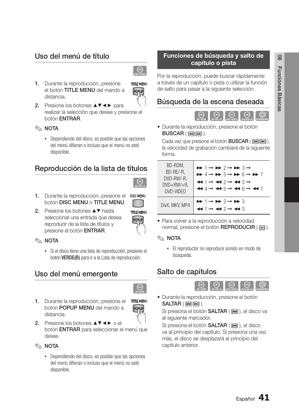 Hzzyx, Uso del menú de título, Reproducción de la lista de títulos | Uso del menú emergente, Búsqueda de la escena deseada, Salto de capítulos | Samsung BD-D5300-ZA User Manual | Page 109 / 142