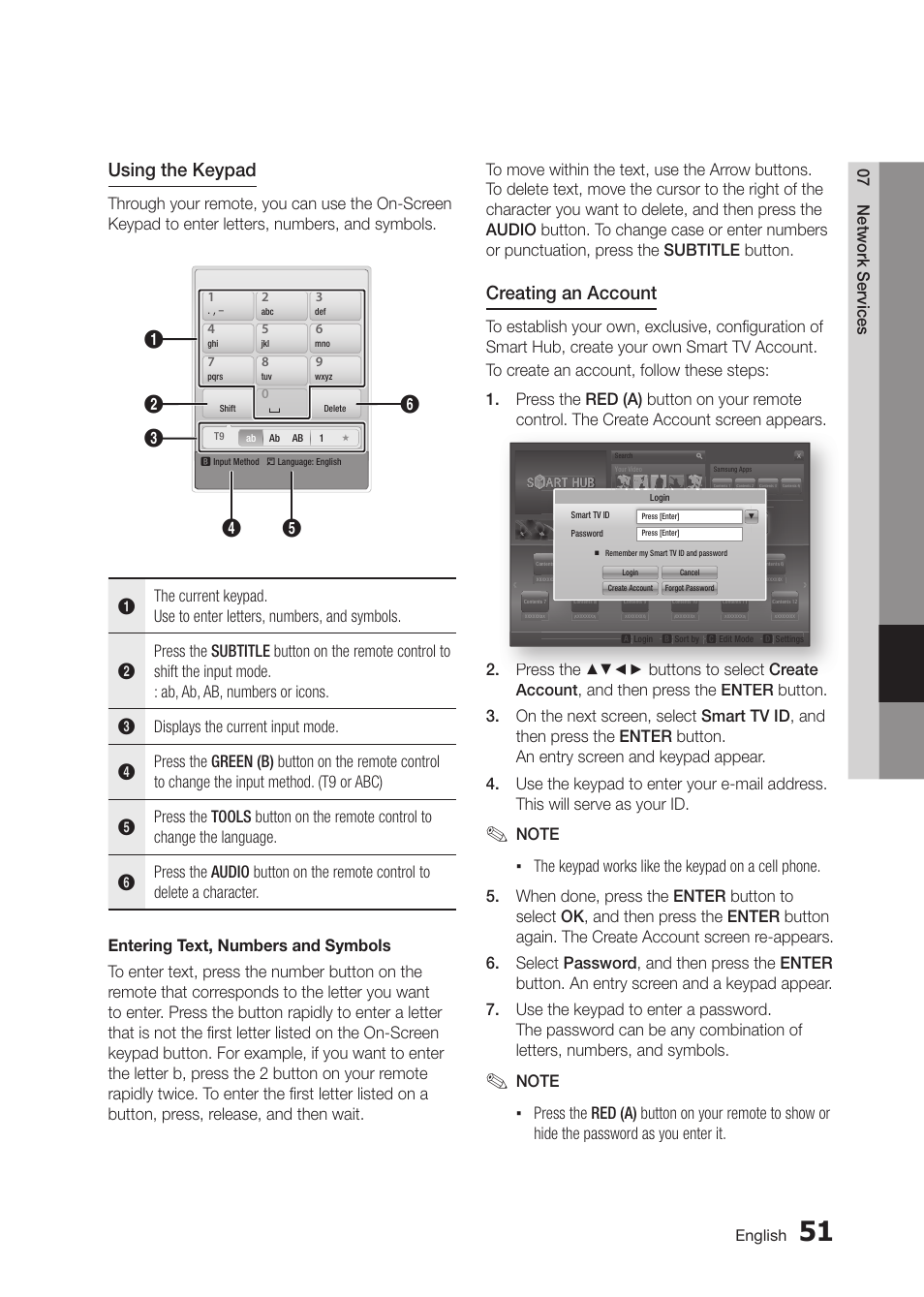 Using the keypad, Creating an account, 07 network services | English | Samsung BD-D5300-ZA User Manual | Page 51 / 142