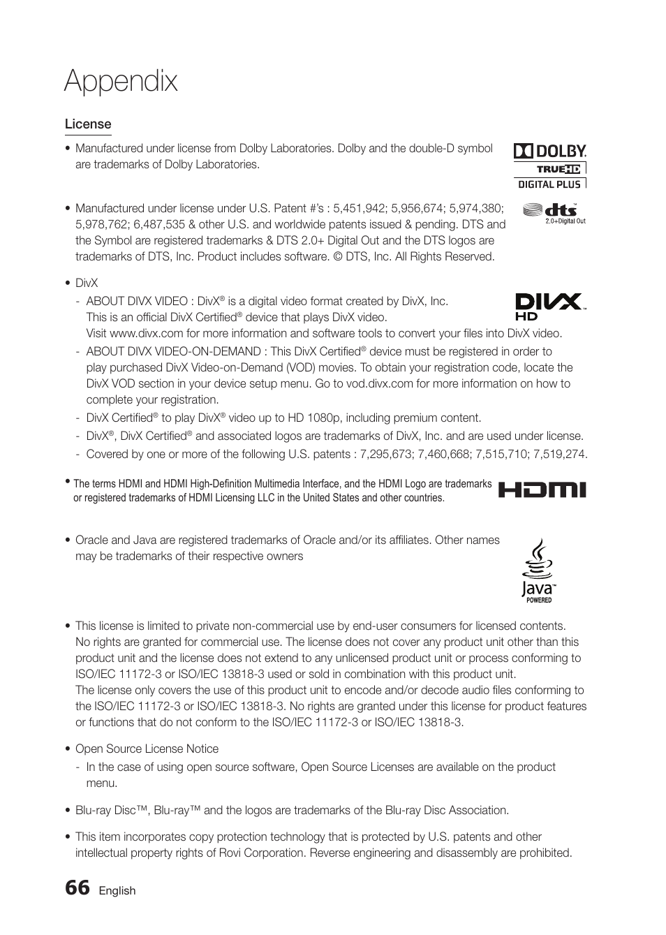 Appendix | Samsung BD-D5300-ZA User Manual | Page 66 / 142