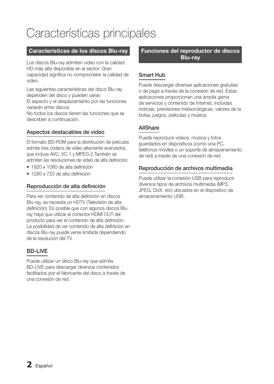 Características principales | Samsung BD-D5300-ZA User Manual | Page 70 / 142