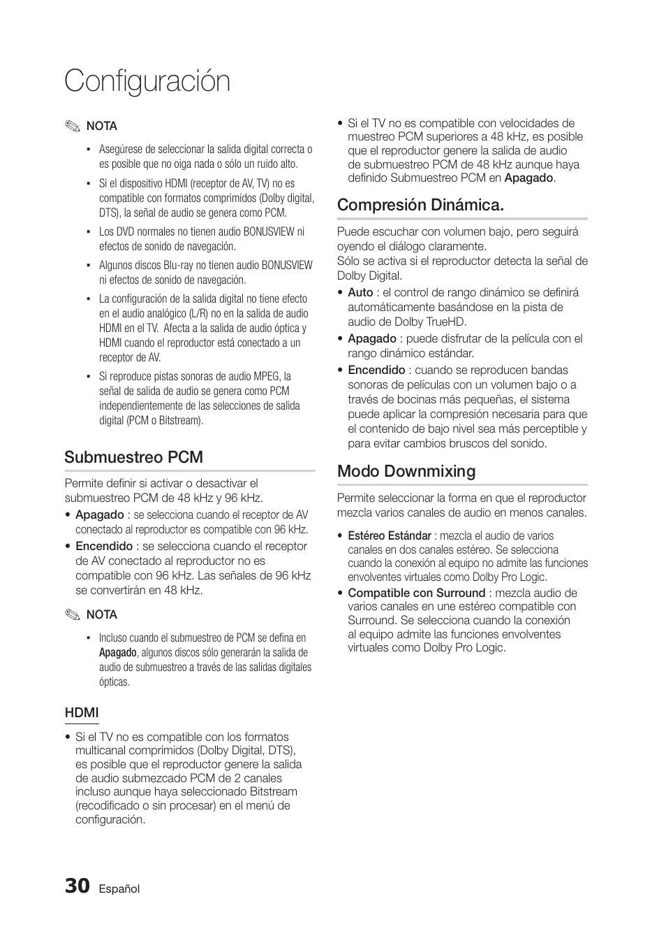 Configuración, Submuestreo pcm, Compresión dinámica | Modo downmixing | Samsung BD-D5300-ZA User Manual | Page 98 / 142
