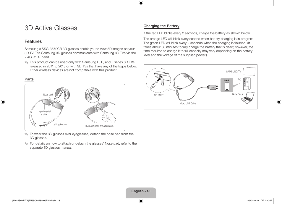 3d active glasses, Features | Samsung UN85S9VFXZA User Manual | Page 18 / 30