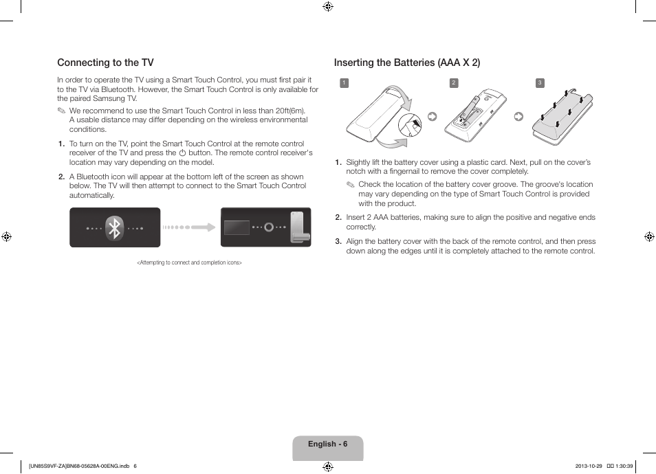 Connecting to the tv, Inserting the batteries (aaa x 2) | Samsung UN85S9VFXZA User Manual | Page 6 / 30