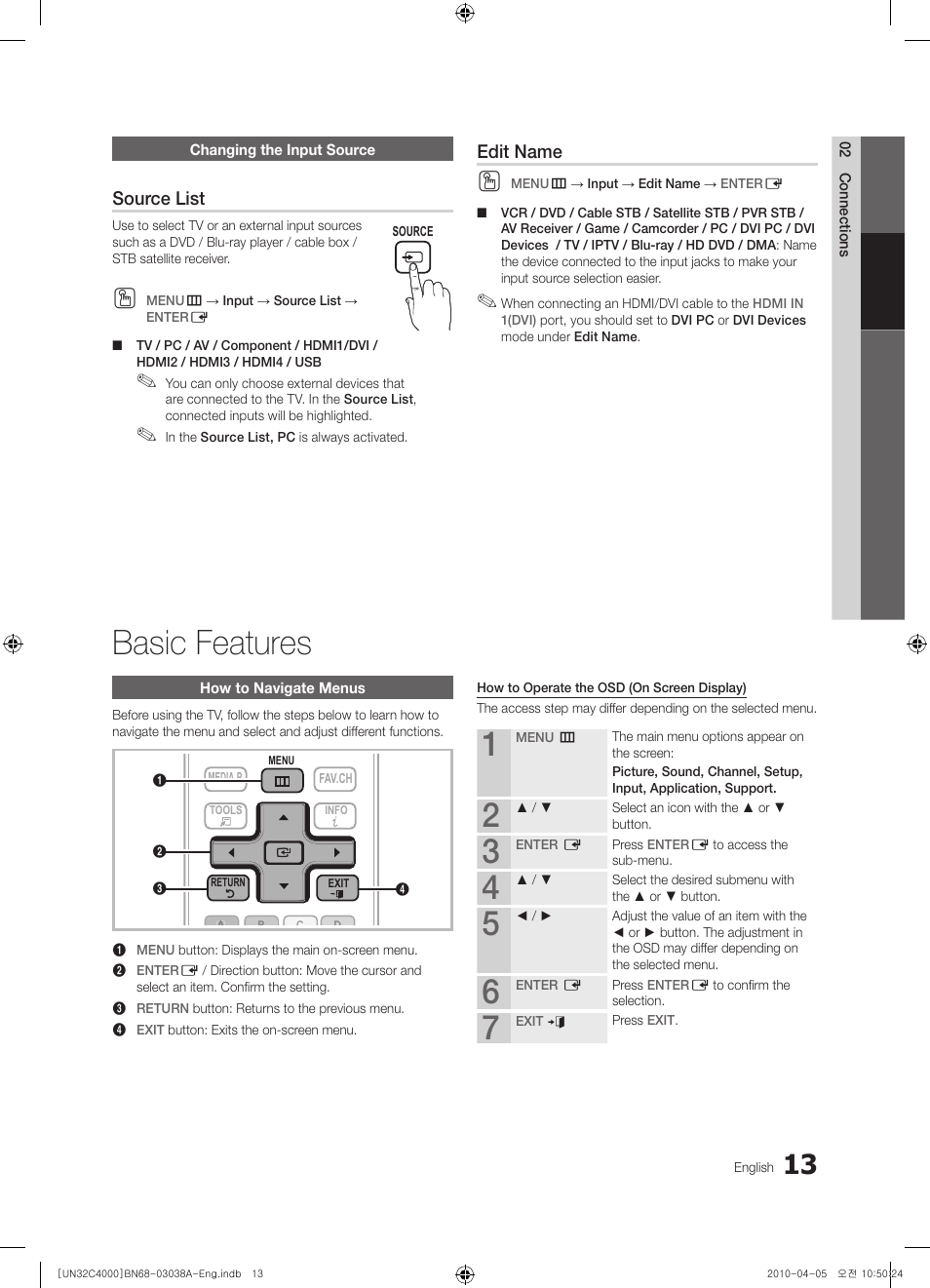Basic features, Source list, Edit name | Samsung UN32C4000PDXZA User Manual | Page 13 / 46