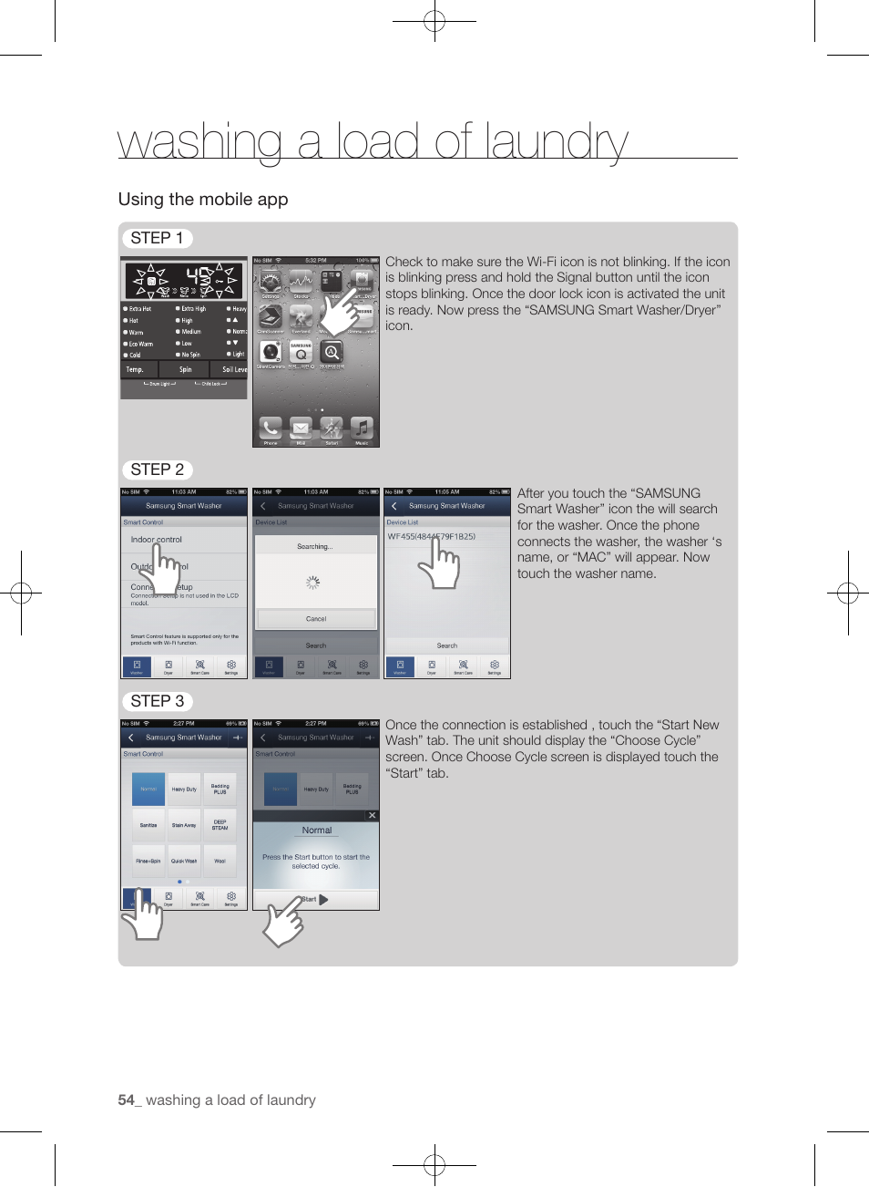 Washing a load of laundry | Samsung WF455ARGSGR-AA User Manual | Page 54 / 276