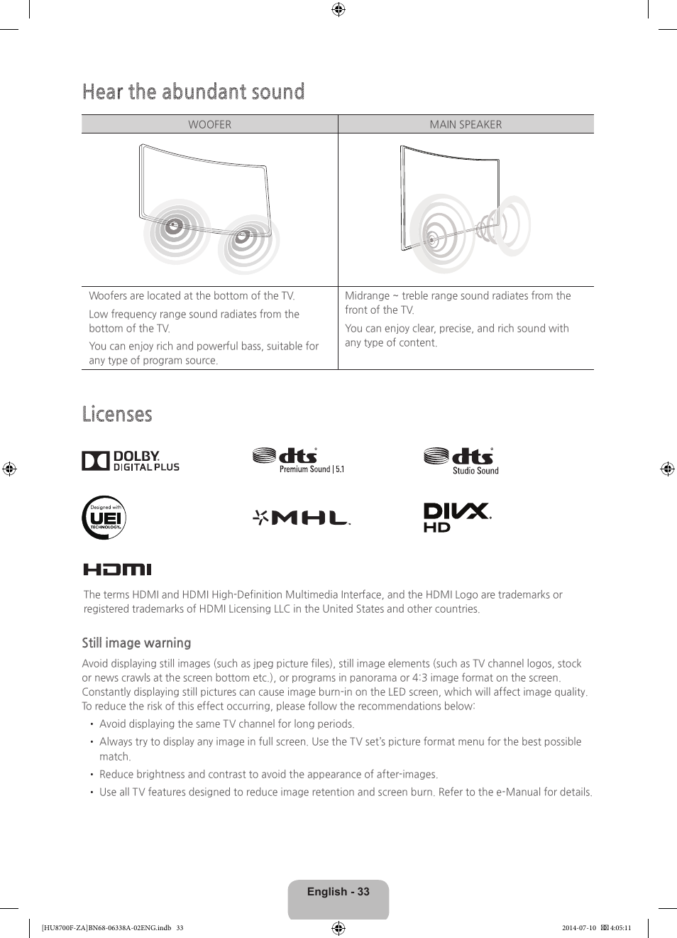 Hear the abundant sound, Licenses | Samsung UN55HU8700FXZA User Manual | Page 33 / 39