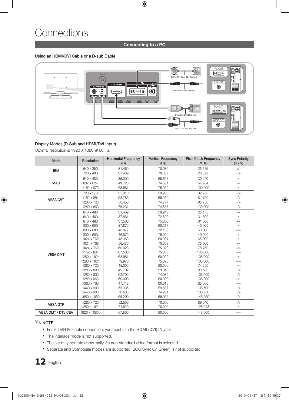 Connecting to a pc, Connections | Samsung LN40C500F3FXZA User Manual | Page 12 / 109
