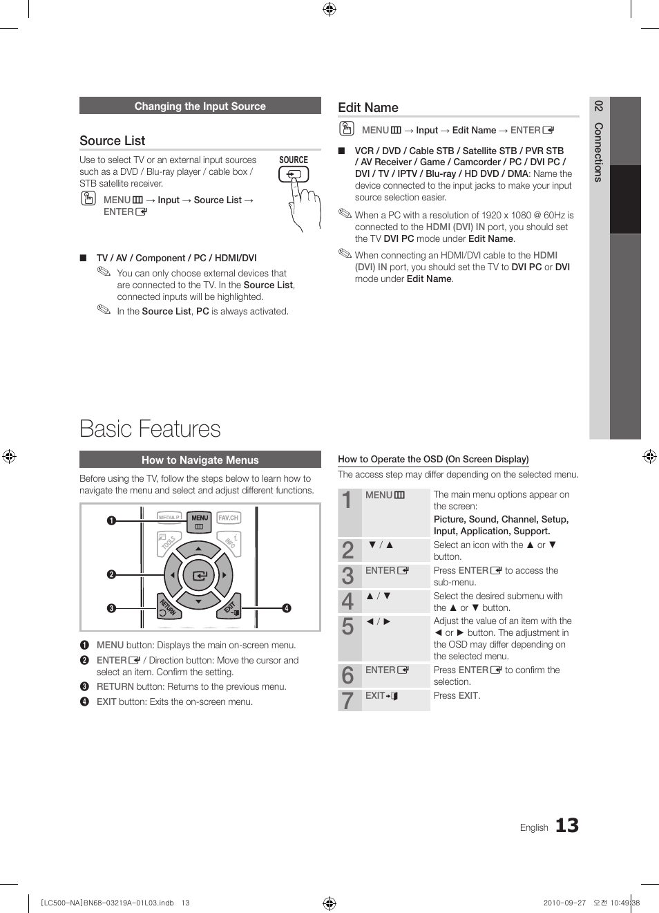 Changing the input source, Basic features, How to navigate menus | Source list, Edit name | Samsung LN40C500F3FXZA User Manual | Page 13 / 109