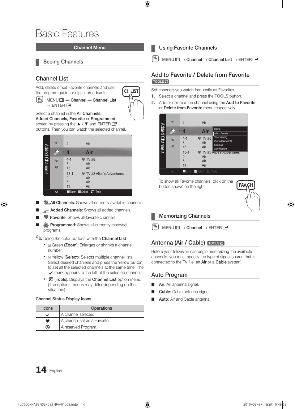 Channel menu, Seeing channels, Using favorite channels | Memorizing channels, Basic features, Channel list, Add to favorite / delete from favorite, Antenna (air / cable), Auto program | Samsung LN40C500F3FXZA User Manual | Page 14 / 109