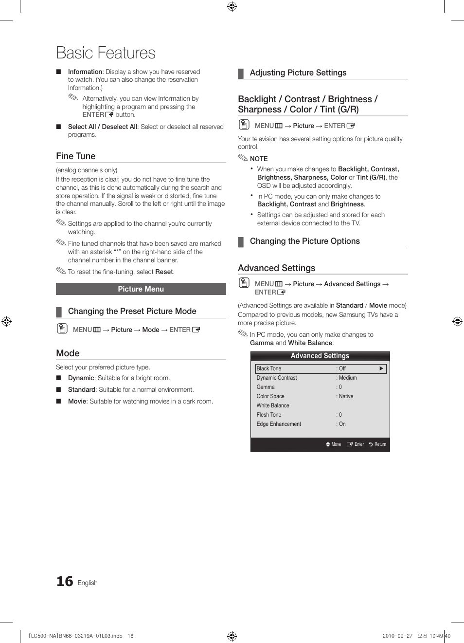 Picture menu, Changing the preset picture mode, Adjusting picture settings | Changing the picture options, Basic features | Samsung LN40C500F3FXZA User Manual | Page 16 / 109
