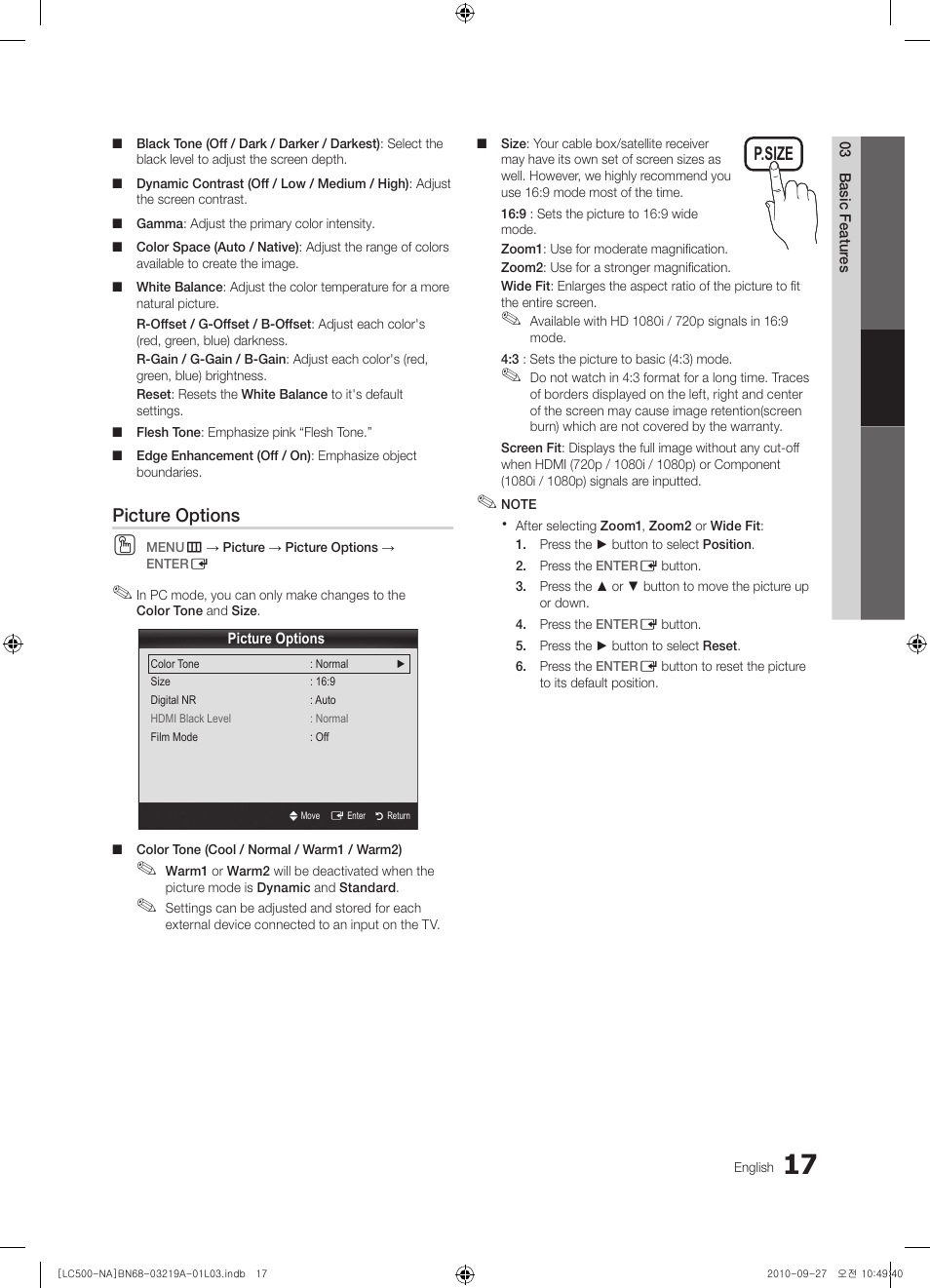 Picture options, P.size | Samsung LN40C500F3FXZA User Manual | Page 17 / 109
