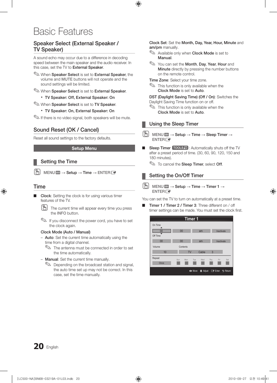 Setup menu, Setting the time, Using the sleep timer | Setting the on/off timer, Basic features, Speaker select (external speaker / tv speaker), Sound reset (ok / cancel), Time | Samsung LN40C500F3FXZA User Manual | Page 20 / 109