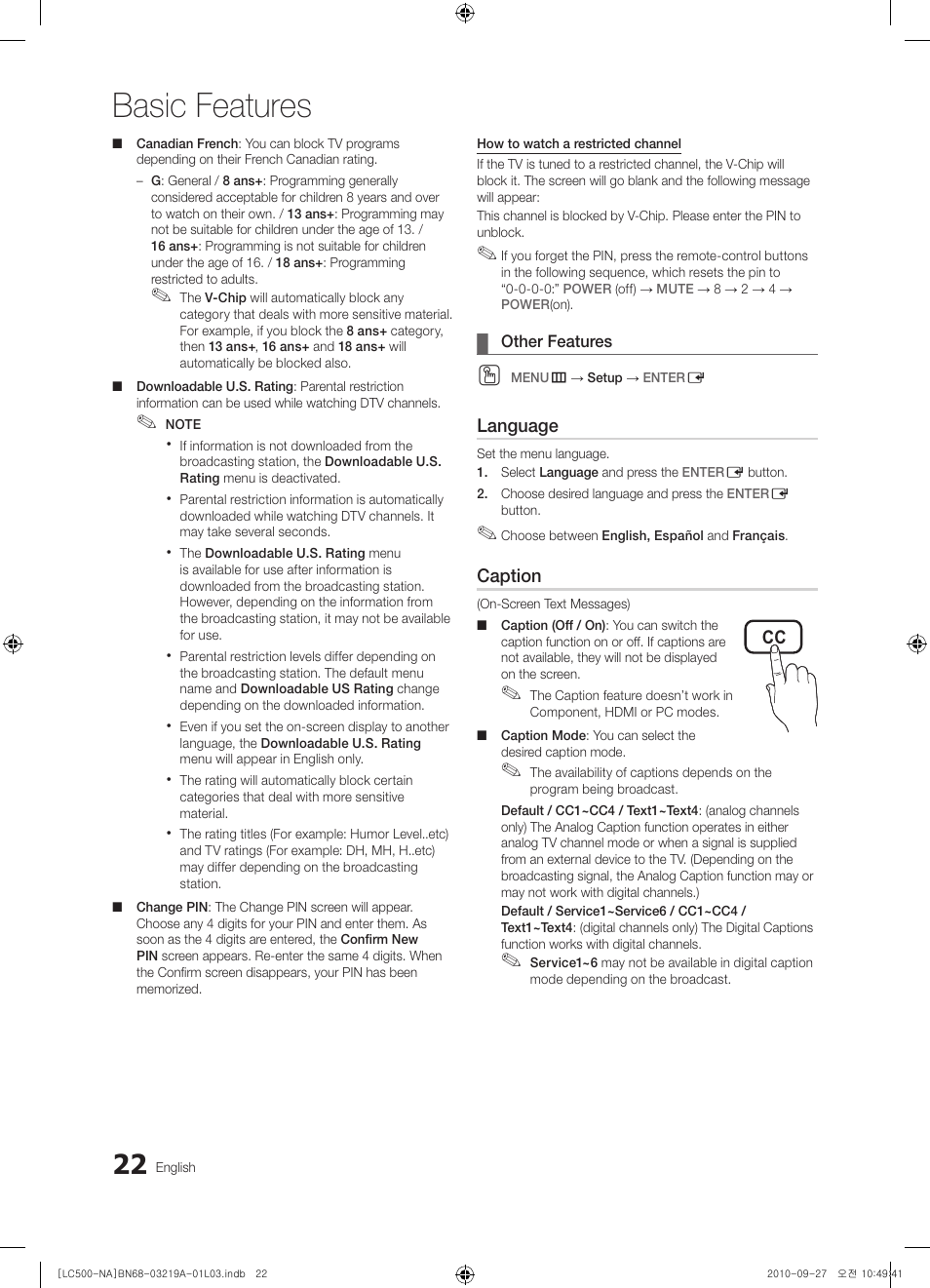 Other features, Basic features | Samsung LN40C500F3FXZA User Manual | Page 22 / 109