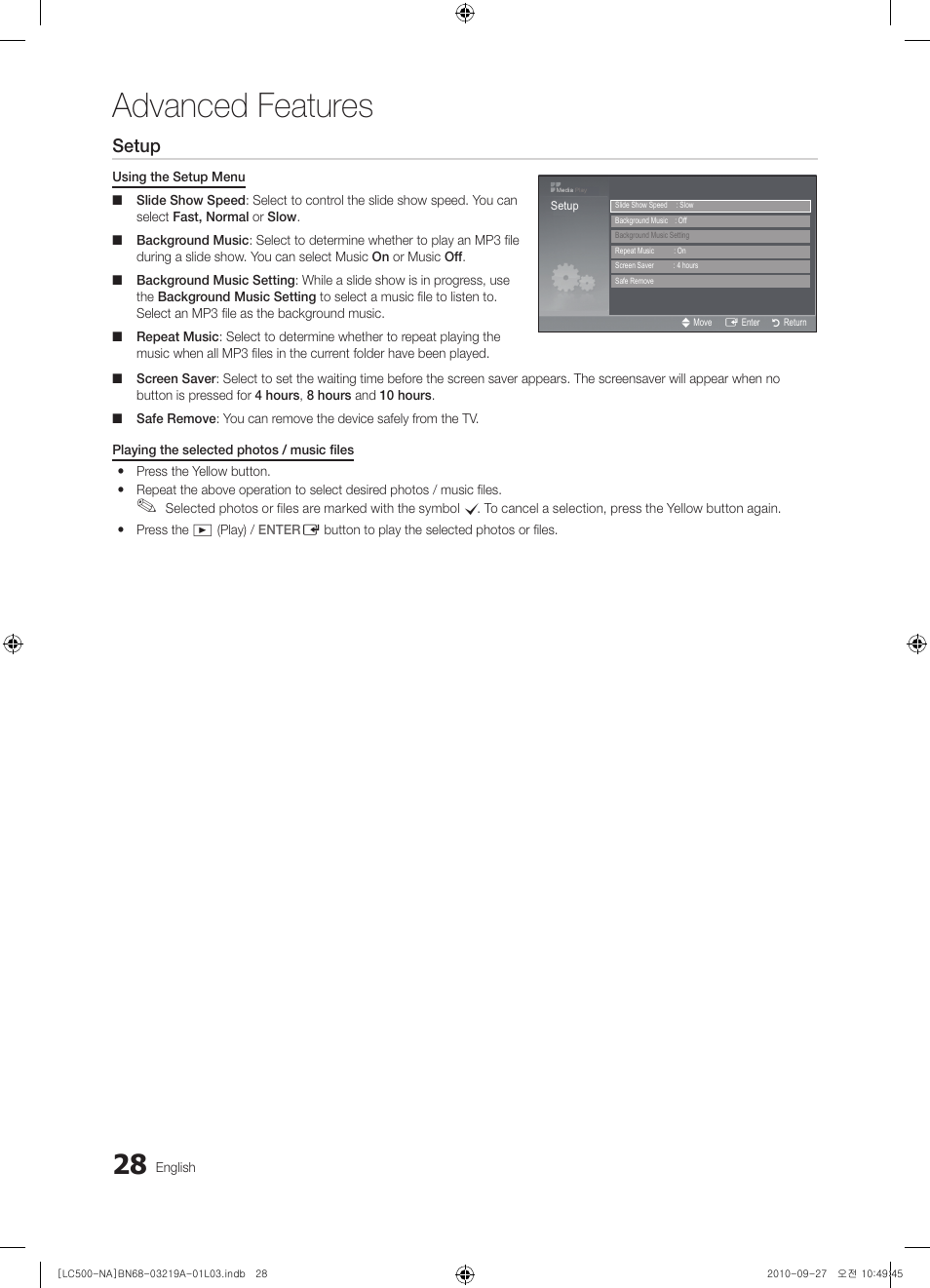 Advanced features, Setup, Photo | Music, English | Samsung LN40C500F3FXZA User Manual | Page 28 / 109