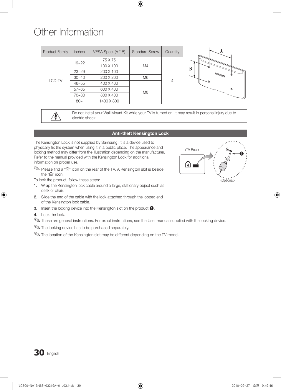 Anti-theft kensington lock, Other information | Samsung LN40C500F3FXZA User Manual | Page 30 / 109