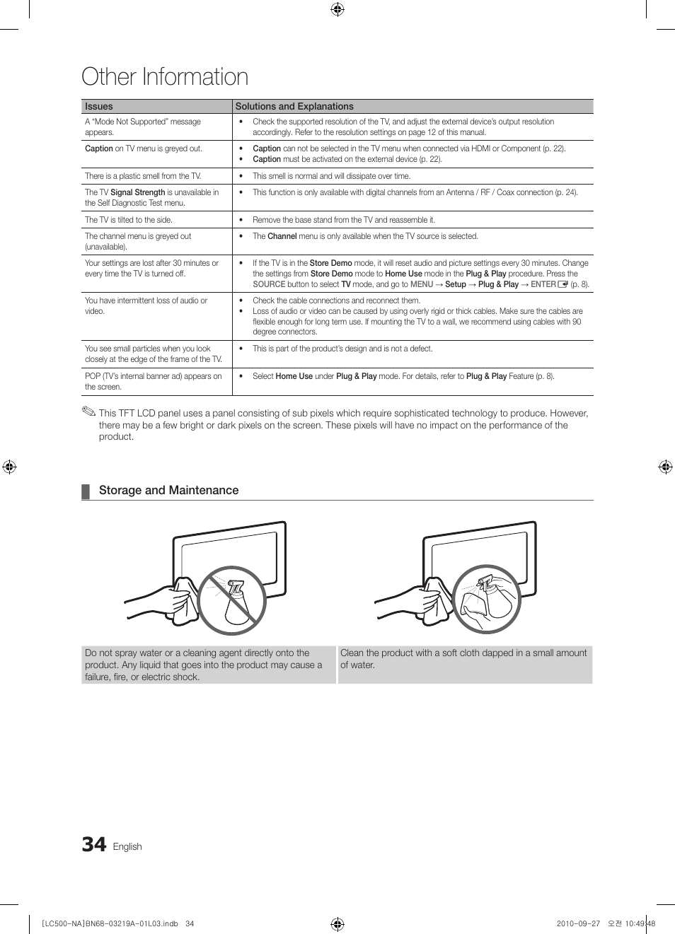 Storage and maintenance, Other information | Samsung LN40C500F3FXZA User Manual | Page 34 / 109