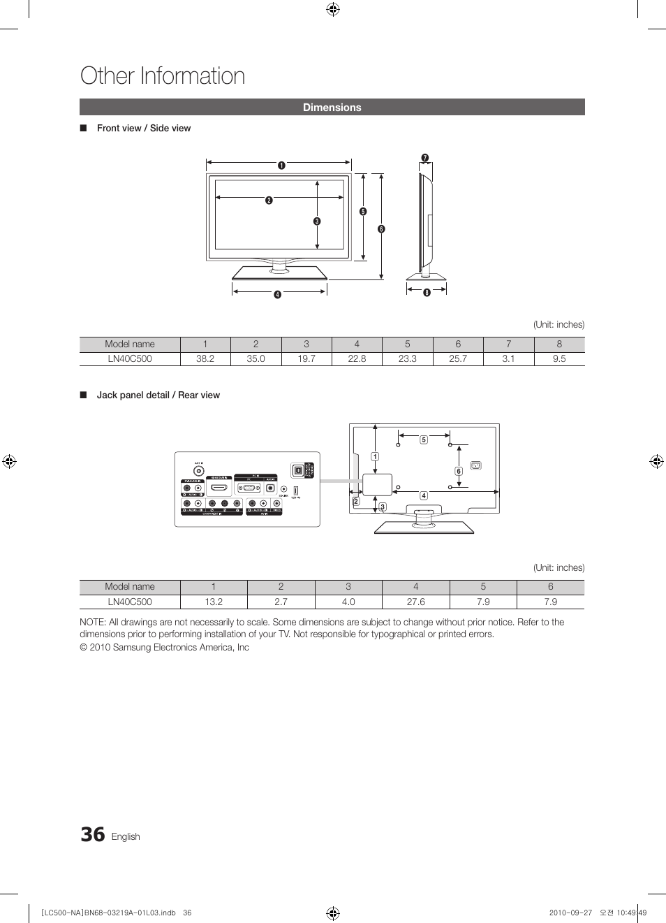 Dimensions, Other information | Samsung LN40C500F3FXZA User Manual | Page 36 / 109