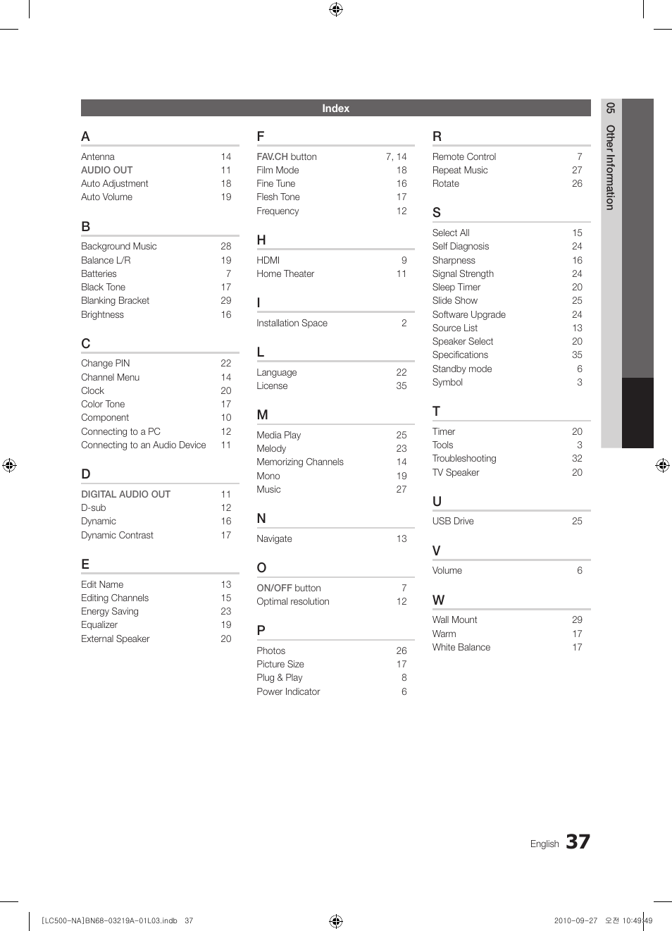 Index | Samsung LN40C500F3FXZA User Manual | Page 37 / 109