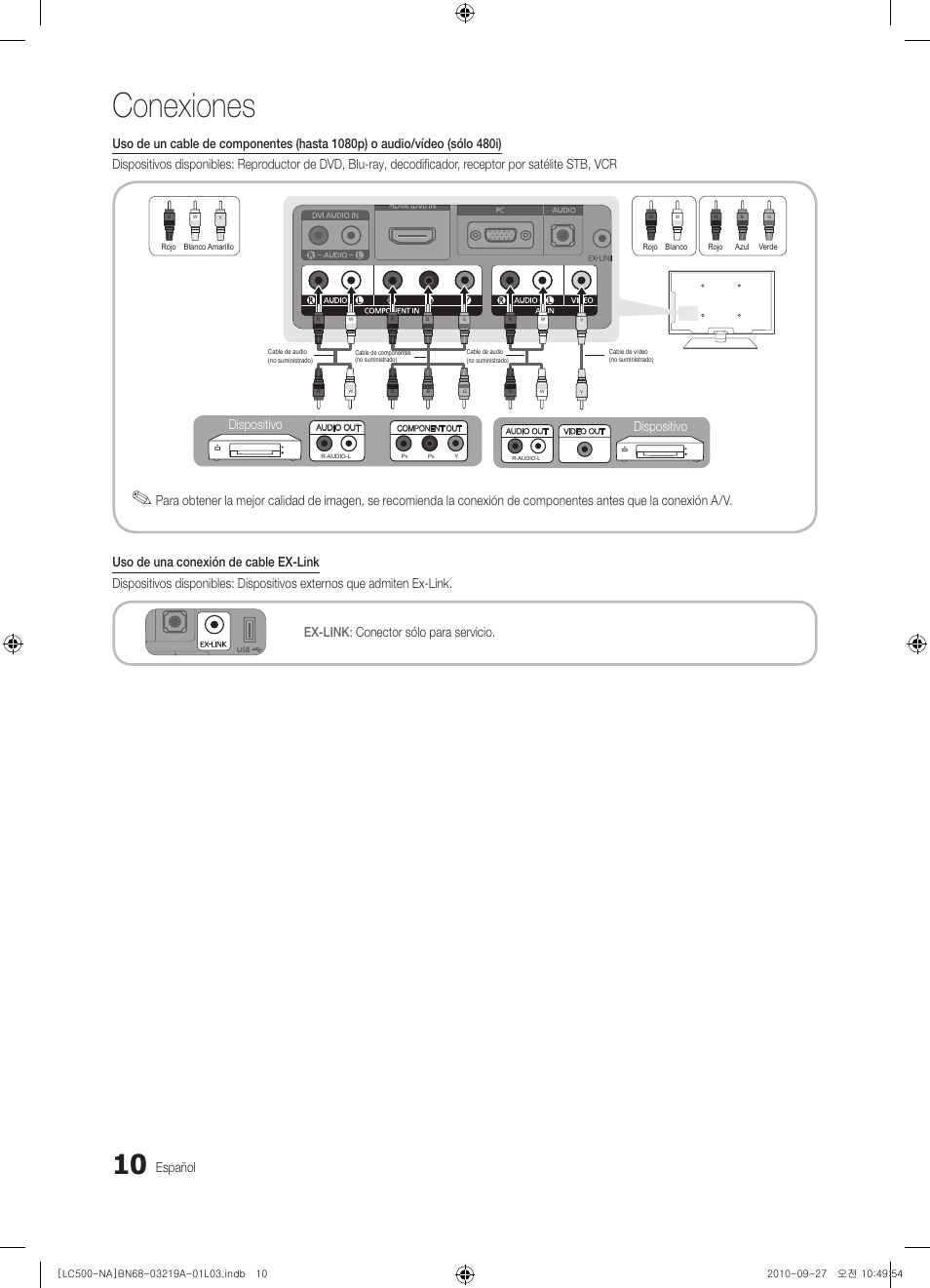 Conexiones, Español, Dispositivo | Samsung LN40C500F3FXZA User Manual | Page 46 / 109