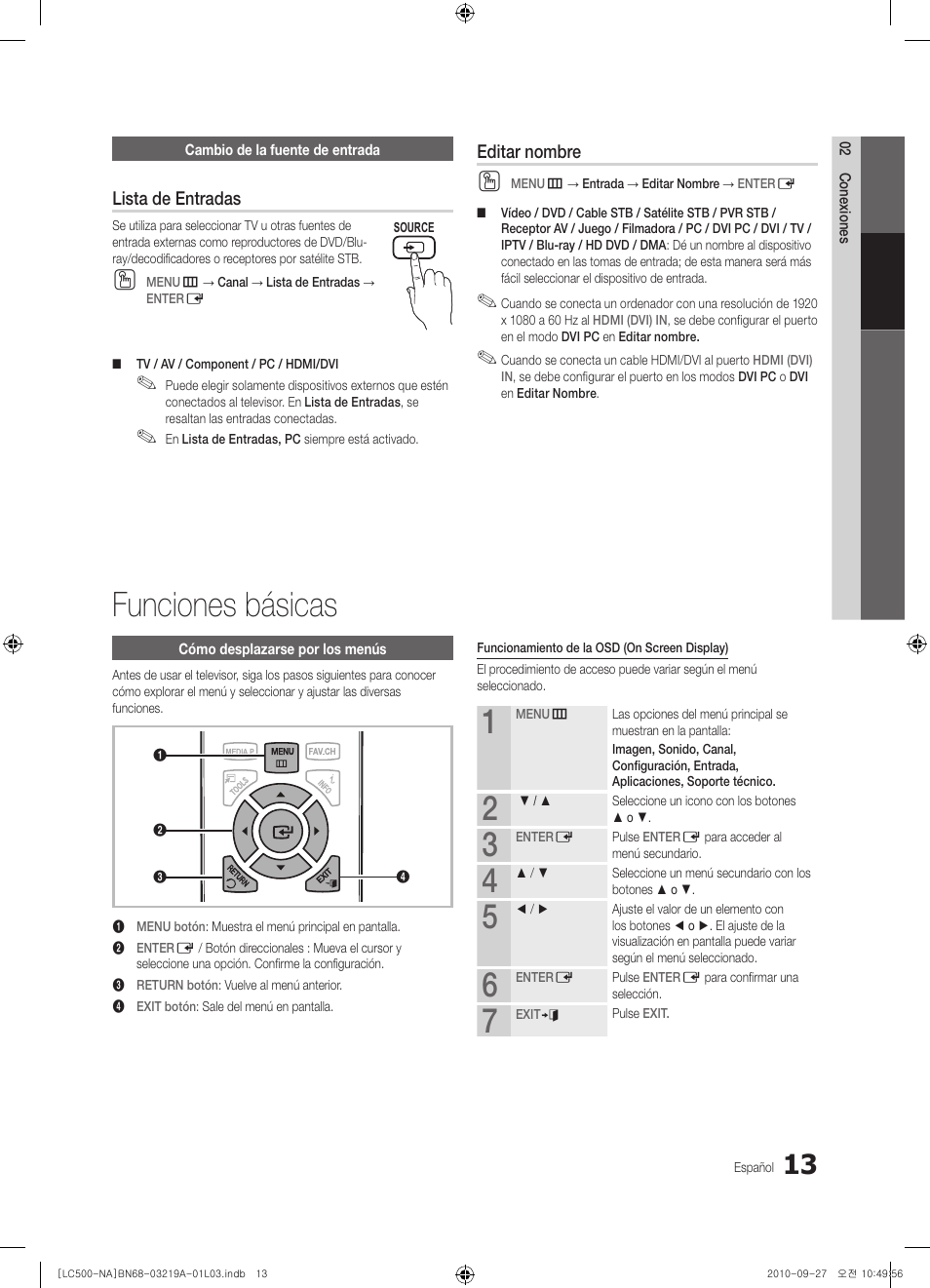 Funciones básicas, Lista de entradas, Editar nombre | Samsung LN40C500F3FXZA User Manual | Page 49 / 109