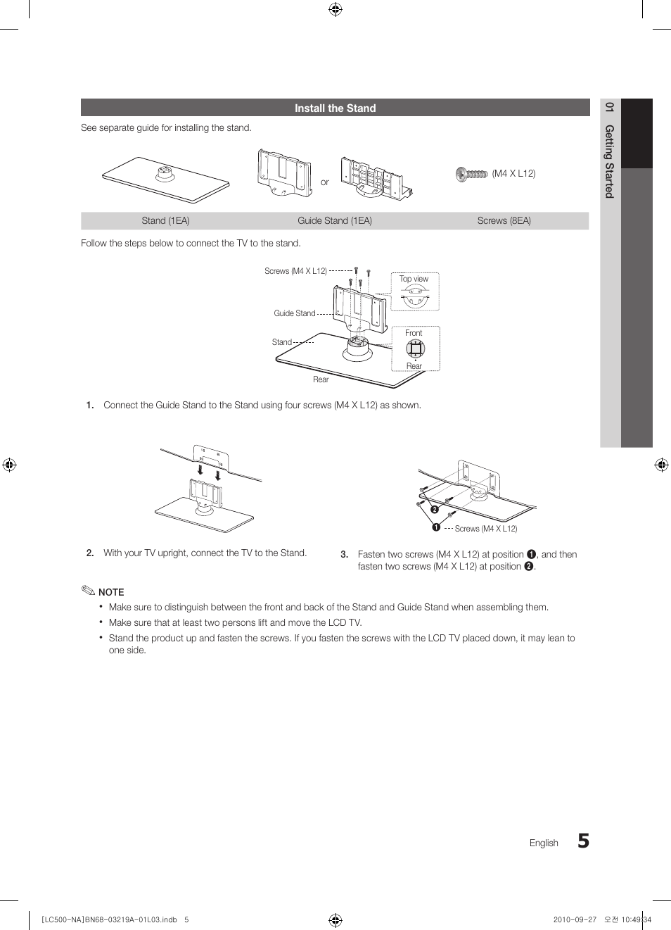 Install the stand | Samsung LN40C500F3FXZA User Manual | Page 5 / 109