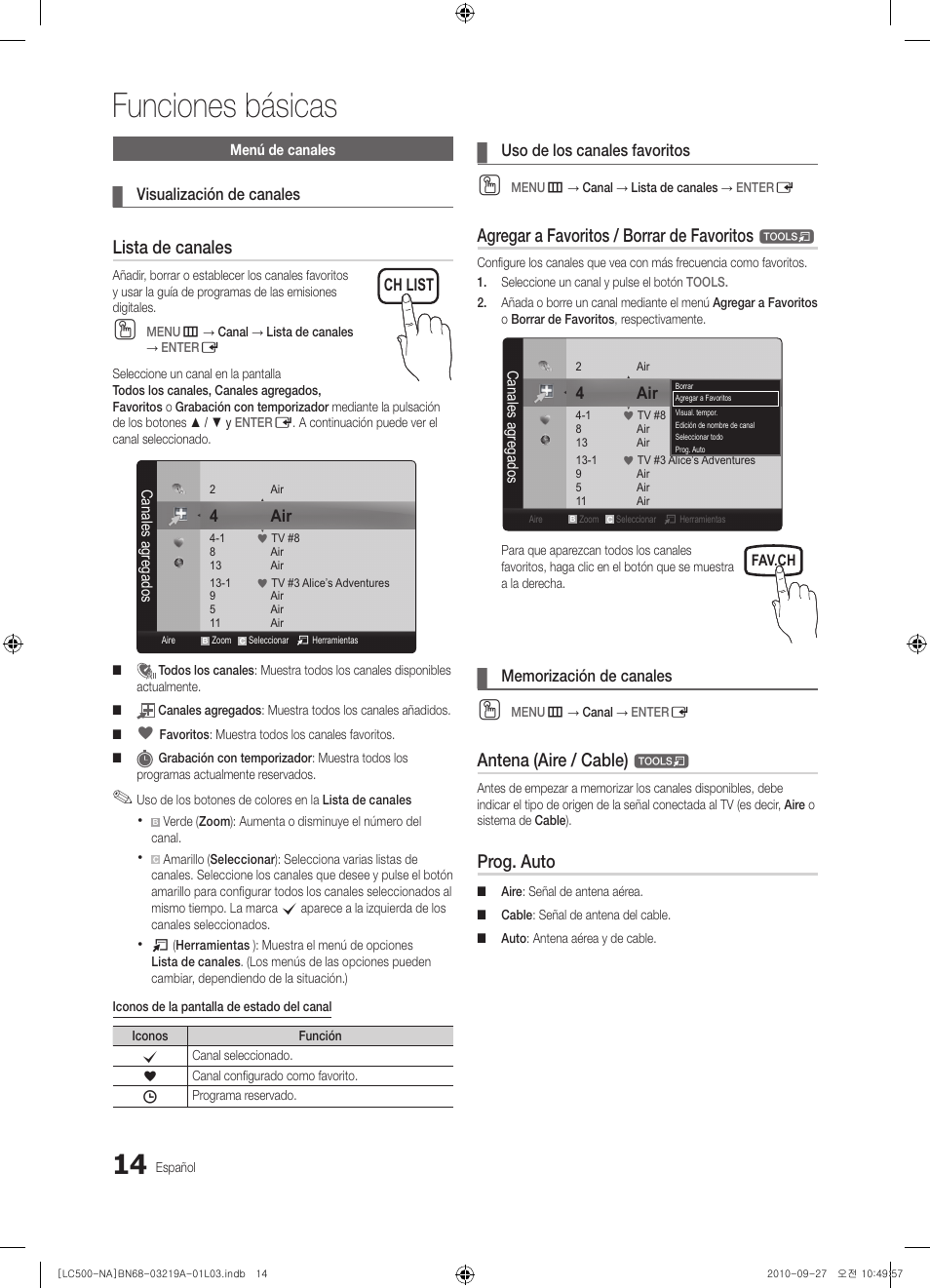 Funciones básicas, Lista de canales, Agregar a favoritos / borrar de favoritos | Antena (aire / cable), Prog. auto | Samsung LN40C500F3FXZA User Manual | Page 50 / 109