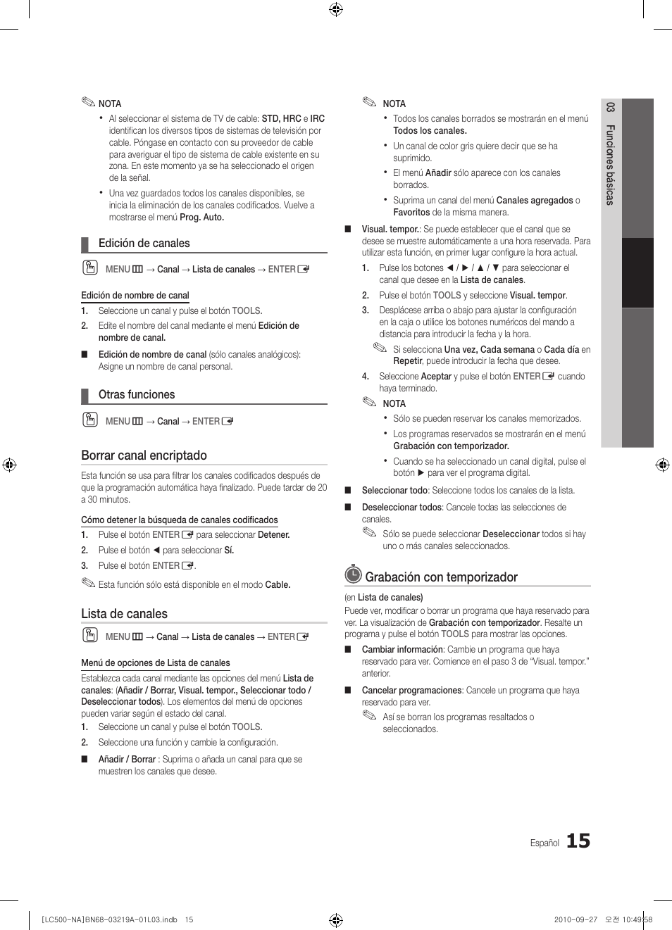 Borrar canal encriptado, Lista de canales, Grabación con temporizador | Samsung LN40C500F3FXZA User Manual | Page 51 / 109