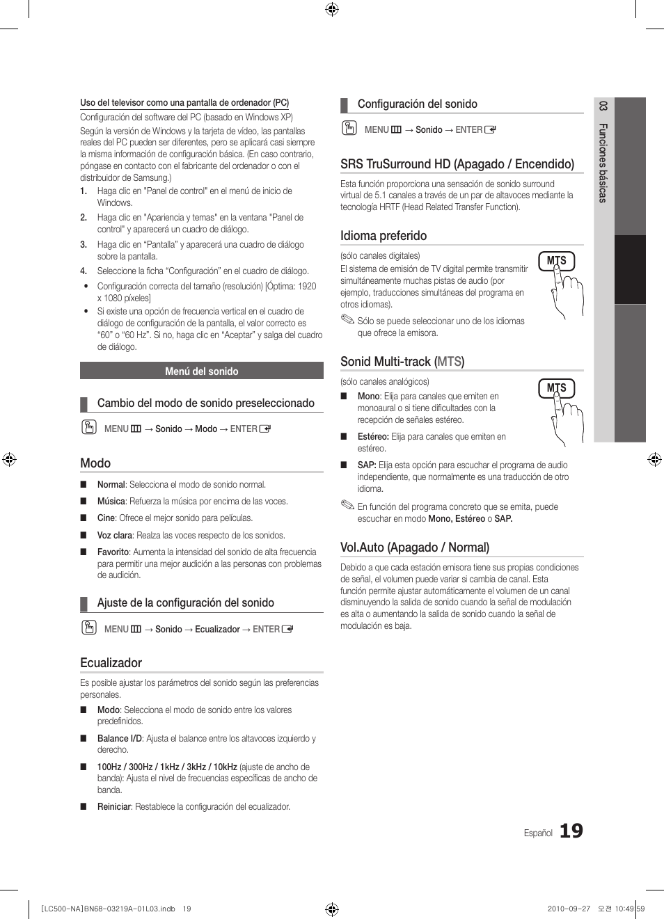 Modo, Ecualizador, Srs trusurround hd (apagado / encendido) | Idioma preferido, Sonid multi-track ( mts ), Vol.auto (apagado / normal) | Samsung LN40C500F3FXZA User Manual | Page 55 / 109