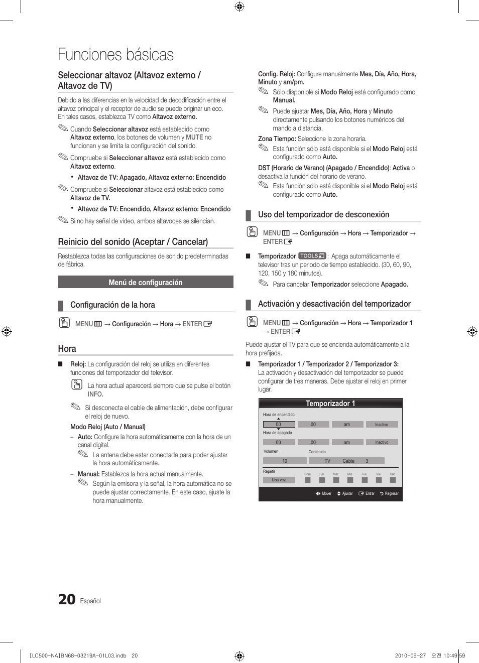 Funciones básicas, Reinicio del sonido (aceptar / cancelar), Hora | Samsung LN40C500F3FXZA User Manual | Page 56 / 109