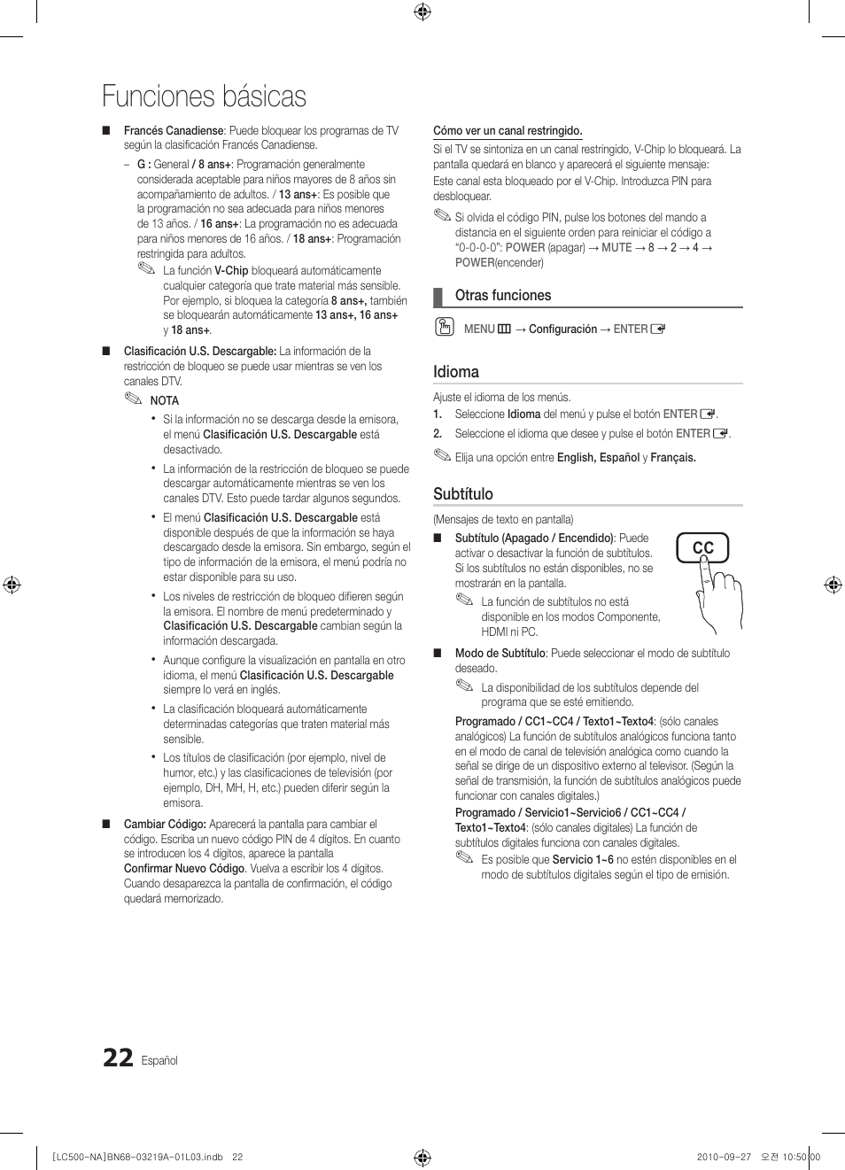 Funciones básicas | Samsung LN40C500F3FXZA User Manual | Page 58 / 109