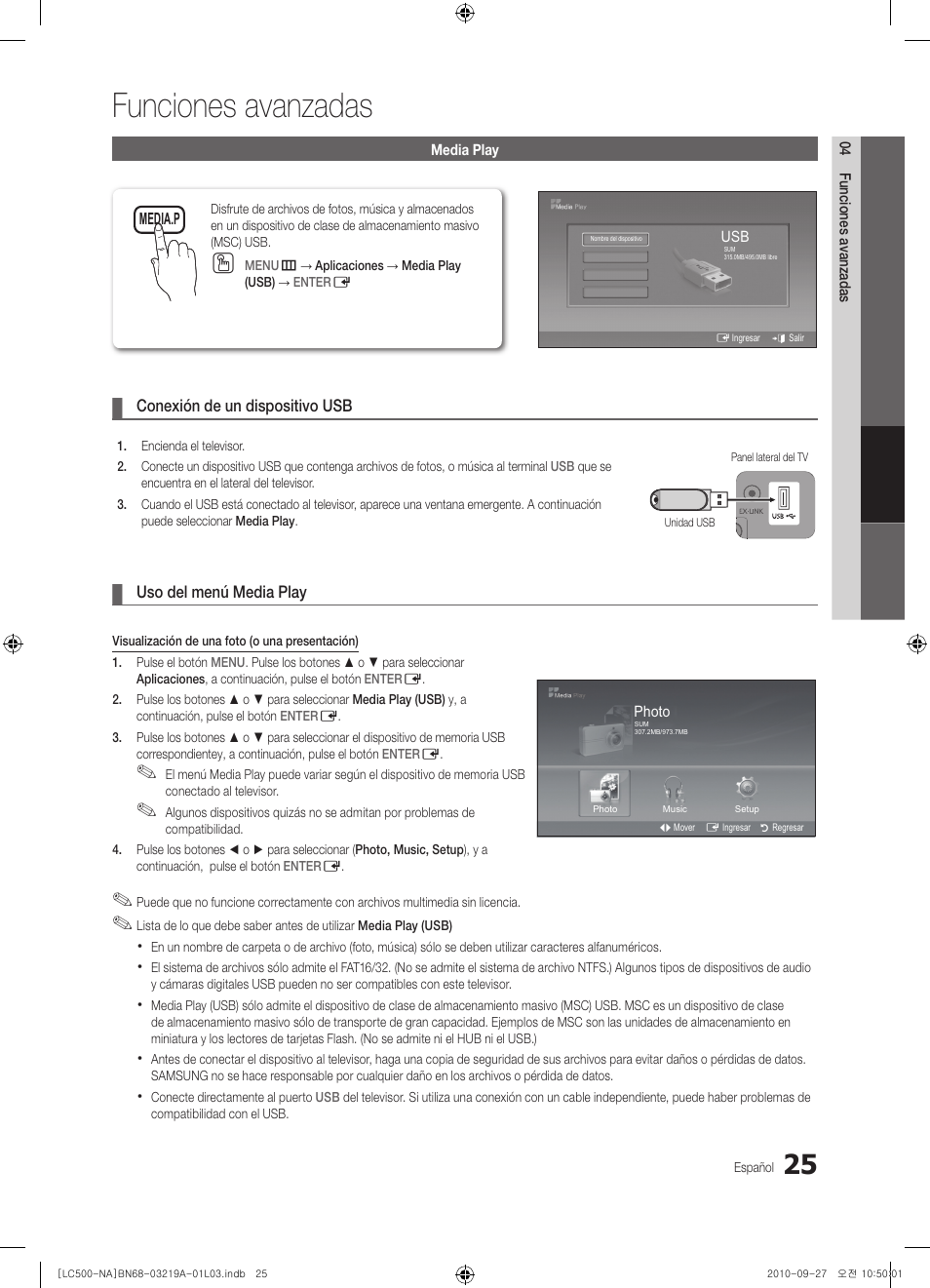 Funciones avanzadas, Conexión de un dispositivo usb, Uso del menú media play | Media.p, 04 funciones avanzadas, Media play, Photo, Music | Samsung LN40C500F3FXZA User Manual | Page 61 / 109
