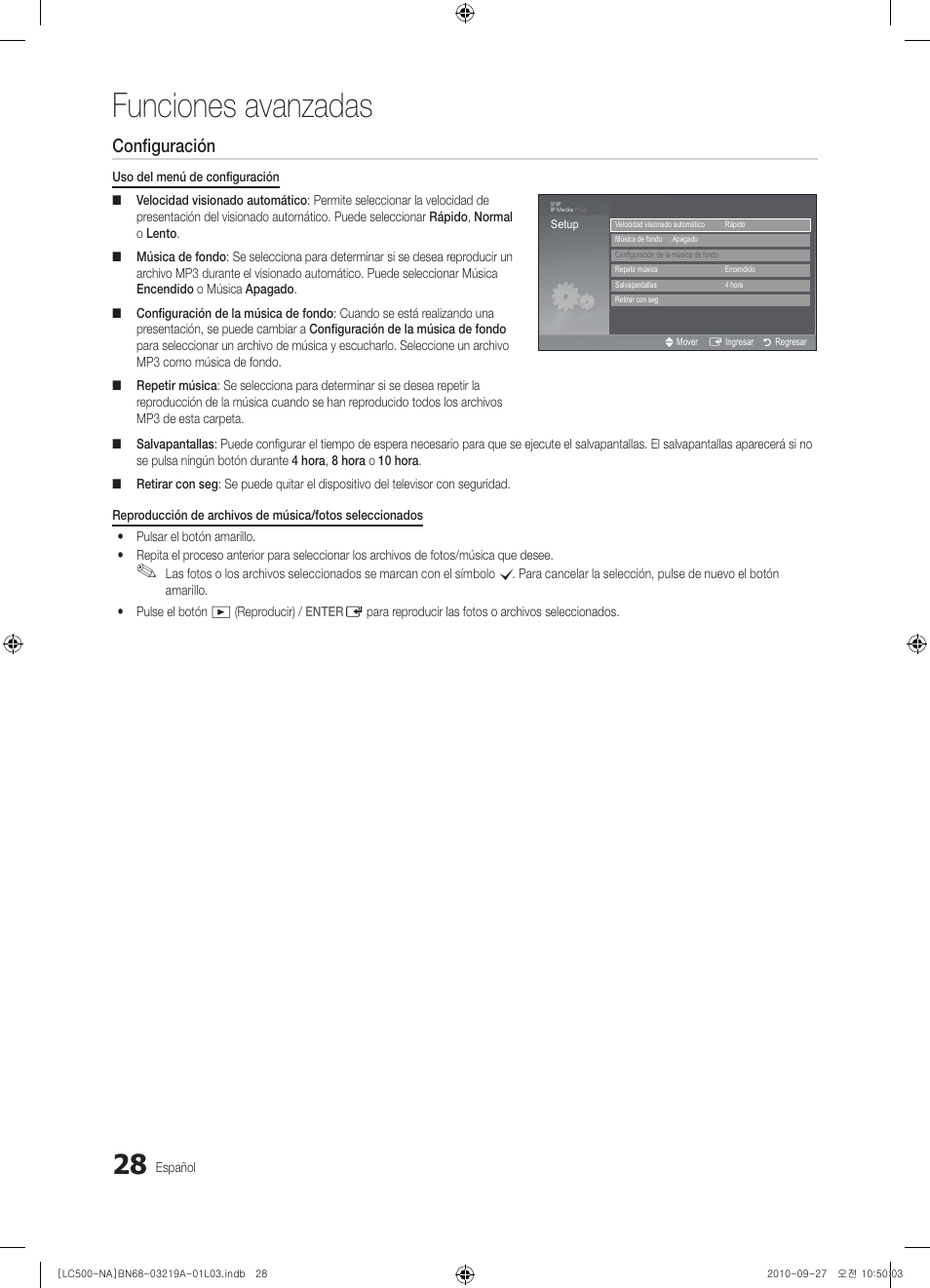 Funciones avanzadas, Configuración, Photo | Music, Español | Samsung LN40C500F3FXZA User Manual | Page 64 / 109