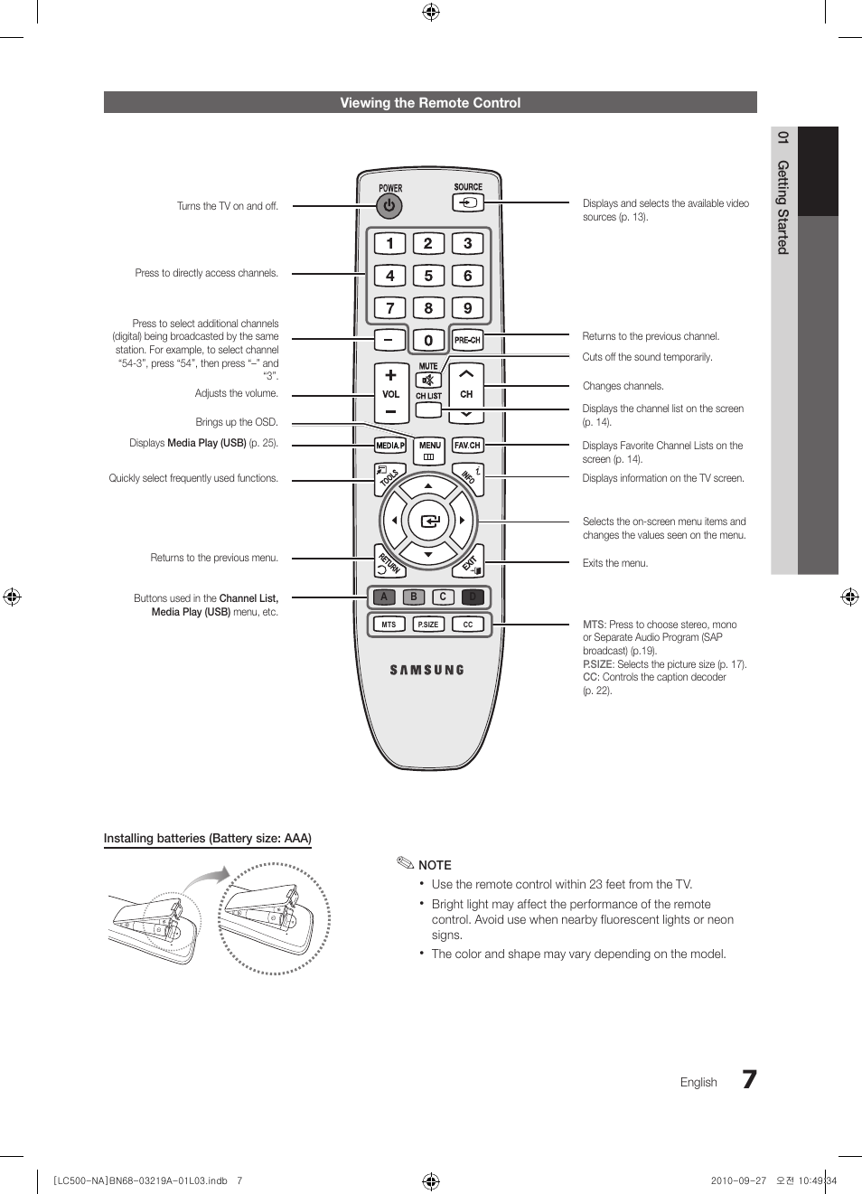 Viewing the remote control | Samsung LN40C500F3FXZA User Manual | Page 7 / 109