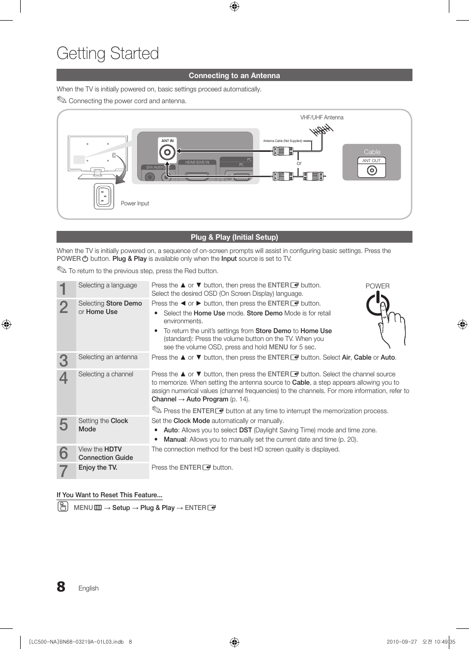 Connecting to an antenna, Plug & play (initial setup), Getting started | Samsung LN40C500F3FXZA User Manual | Page 8 / 109