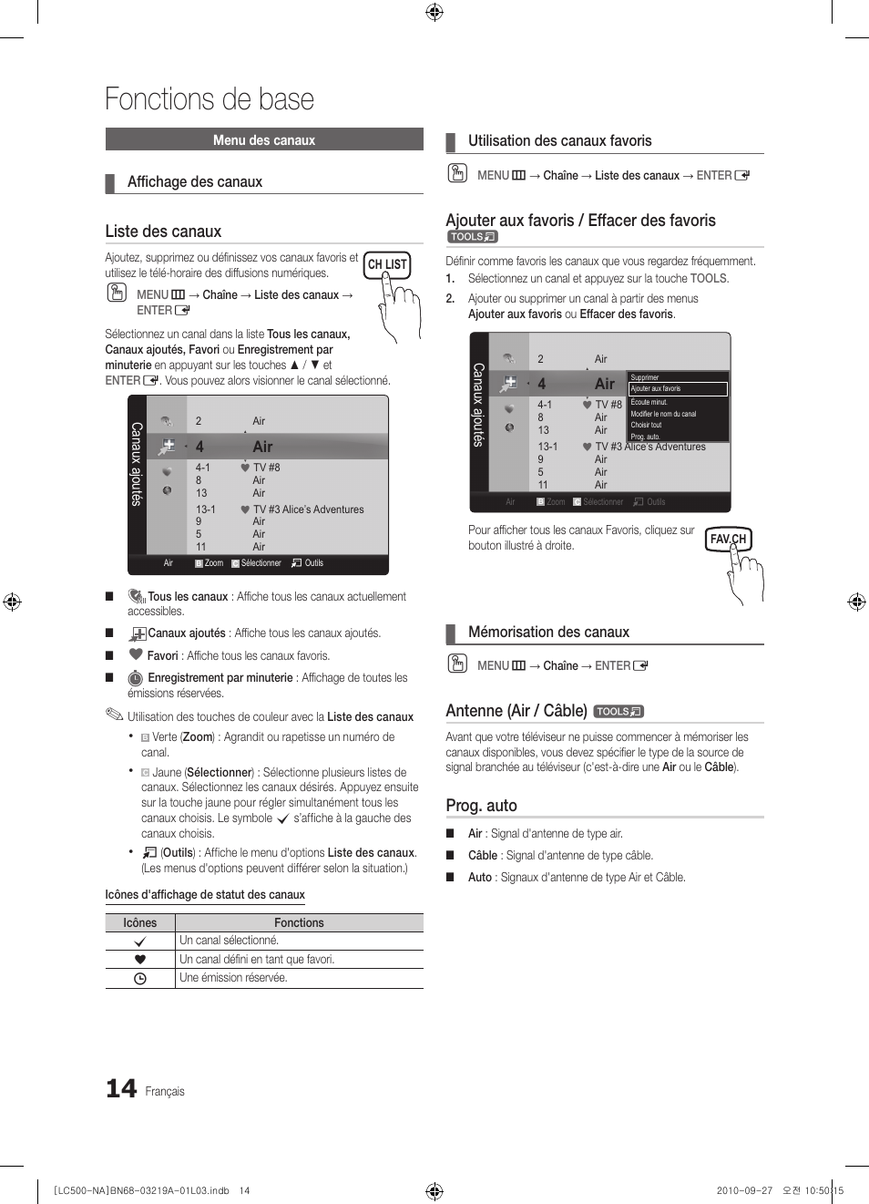 Fonctions de base, Liste des canaux, Ajouter aux favoris / effacer des favoris | Antenne (air / câble), Prog. auto | Samsung LN40C500F3FXZA User Manual | Page 86 / 109