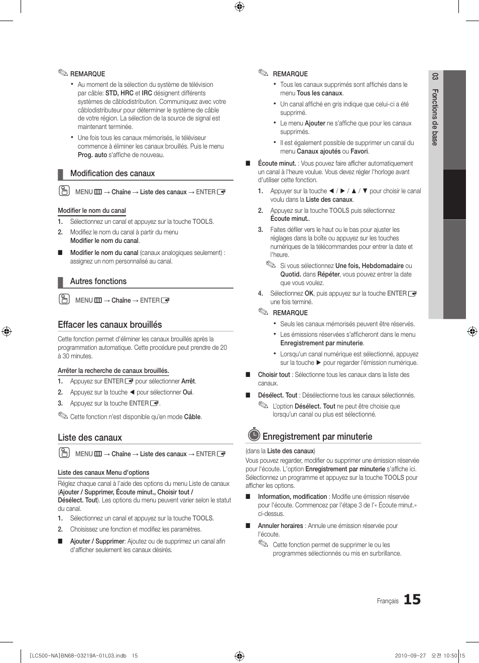 Effacer les canaux brouillés, Liste des canaux, Enregistrement par minuterie | Samsung LN40C500F3FXZA User Manual | Page 87 / 109