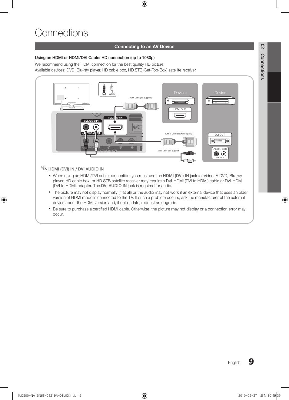 Connections, Connecting to an av device | Samsung LN40C500F3FXZA User Manual | Page 9 / 109