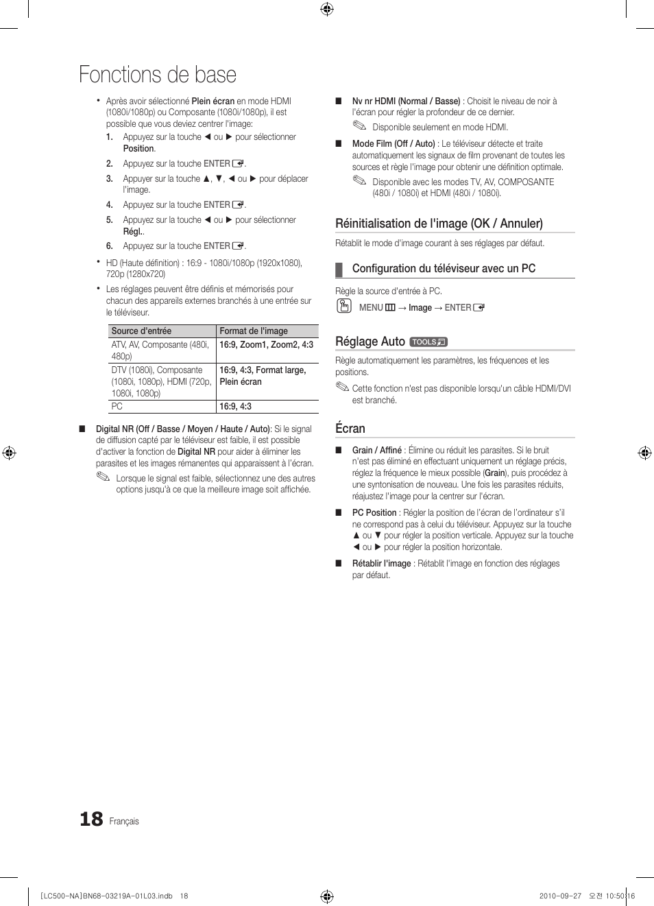 Fonctions de base, Réinitialisation de l'image (ok / annuler), Réglage auto | Écran | Samsung LN40C500F3FXZA User Manual | Page 90 / 109
