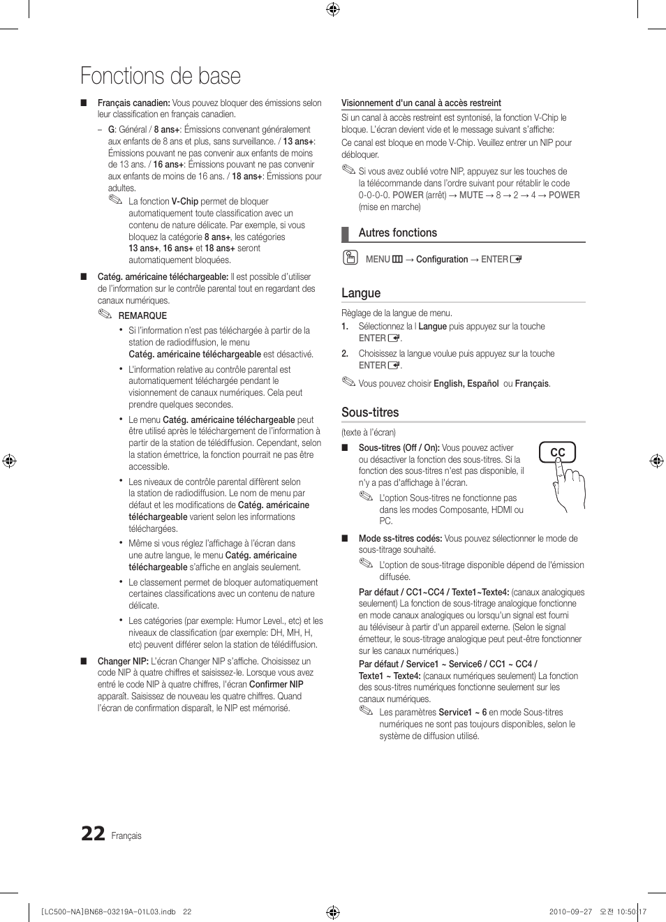 Fonctions de base | Samsung LN40C500F3FXZA User Manual | Page 94 / 109
