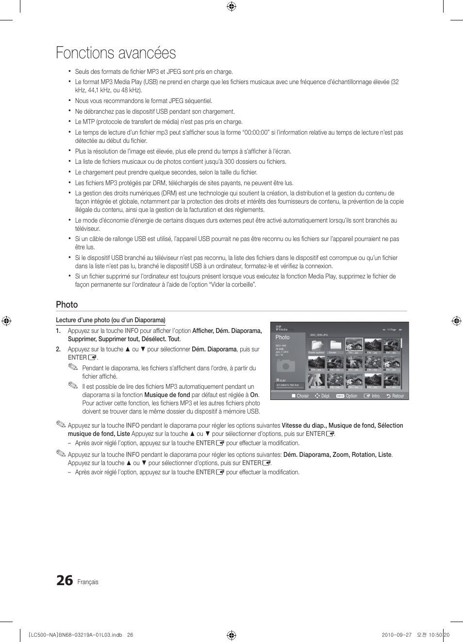 Fonctions avancées, Photo | Samsung LN40C500F3FXZA User Manual | Page 98 / 109