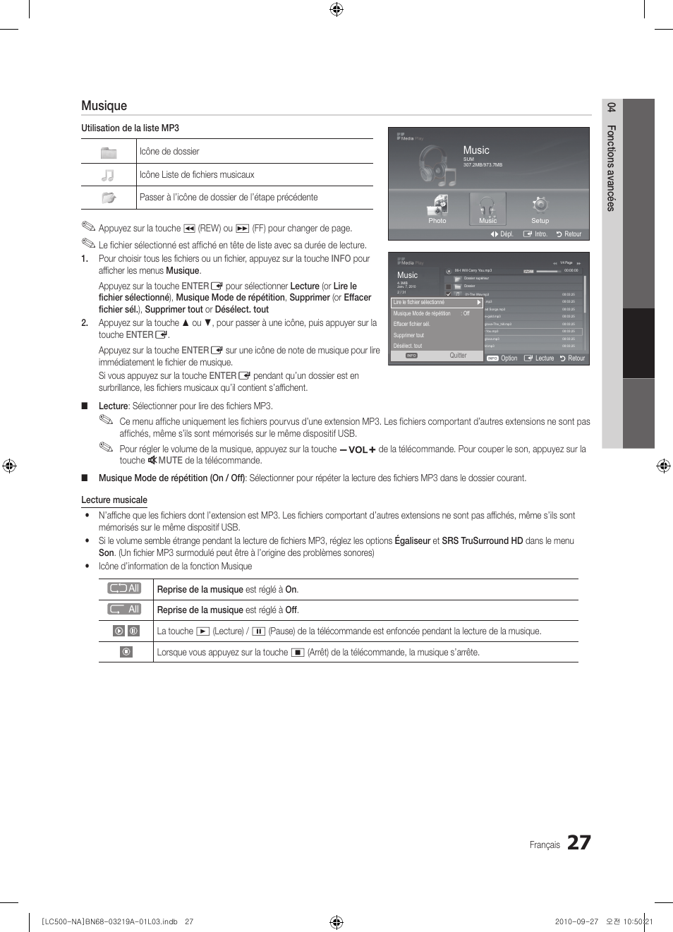 Musique, 04 fonctions avancées, Photo | Music, Français | Samsung LN40C500F3FXZA User Manual | Page 99 / 109