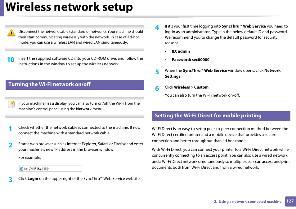 Wireless network setup, Turning the wi-fi network on/off, Setting the wi-fi direct for mobile printing | Samsung CLP-365W-XAC User Manual | Page 127 / 224