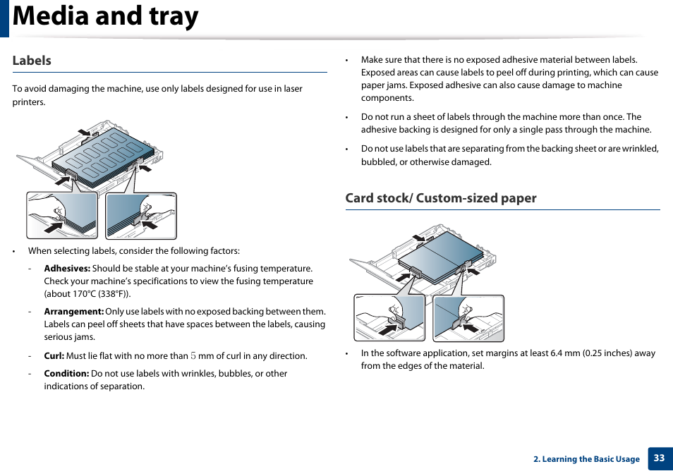 Media and tray, Labels, Card stock/ custom-sized paper | Samsung CLP-365W-XAC User Manual | Page 33 / 224