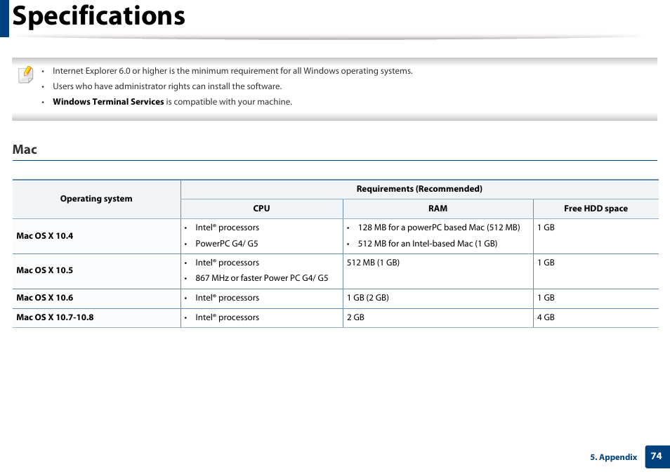Specifications | Samsung CLP-365W-XAC User Manual | Page 74 / 224