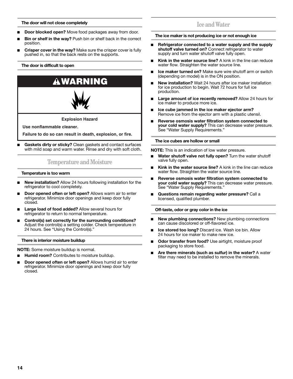 Warning, Temperature and moisture, Ice and water | Amana W10211609A User Manual | Page 14 / 48