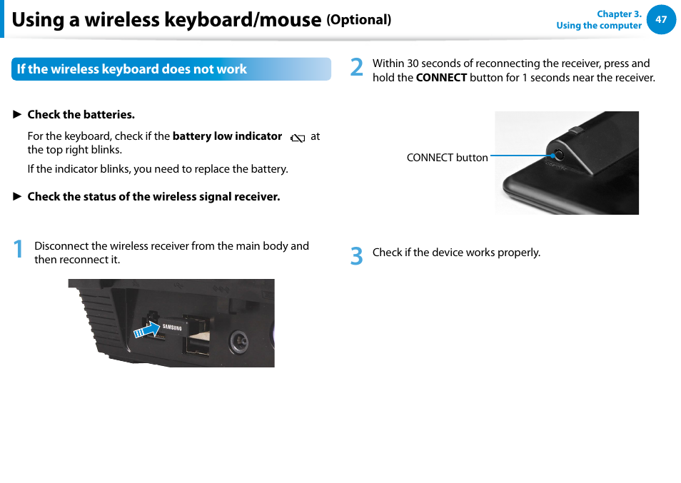 Using a wireless keyboard/mouse | Samsung DP300A2A-A01US User Manual | Page 48 / 126